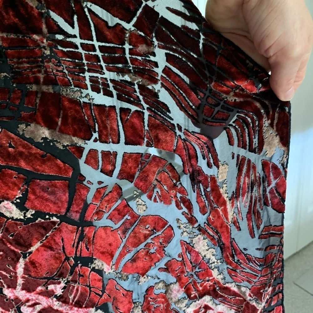 Velvet burnout scarf with fringe- silk blend- red and black made in Italy